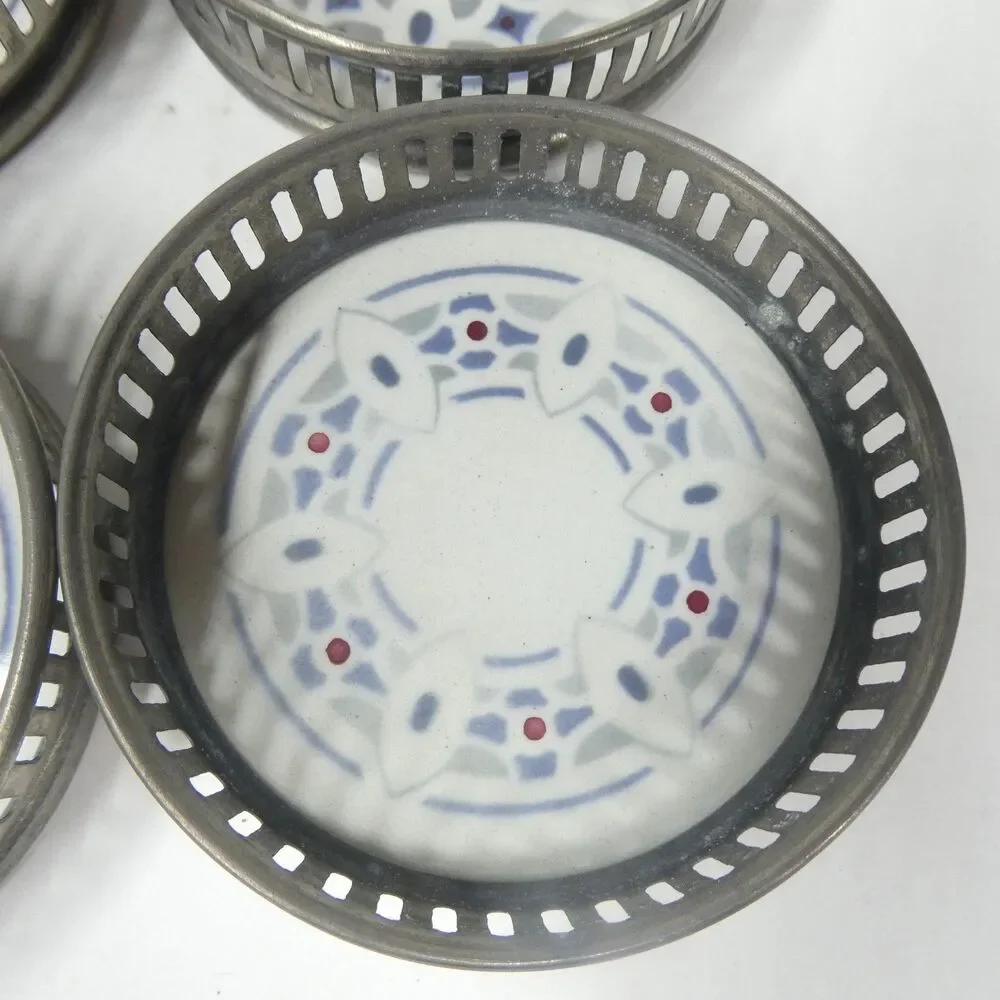 4 Coasters Set Vintage Ceramic Geometric With Pierced Metal Rim